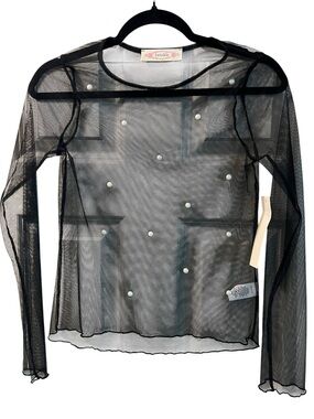 NWT Twinkle Sheer Black Mesh Pearl Embellished Top / S